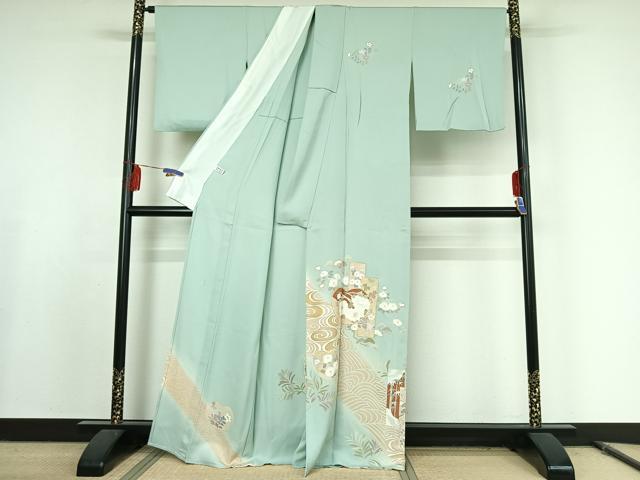 平和屋着物▽訪問着 単衣 作家物 駒刺繍 短冊流水花文 金彩 正絹 逸品 AABE9335jh