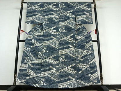 平和屋着物▽上質な小紋 単衣 型染め 風景文 鬼しぼ縮緬 正絹 逸品 AABE9339jh