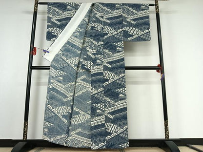 平和屋着物▽上質な小紋 単衣 型染め 風景文 鬼しぼ縮緬 正絹 逸品 AABE9339jh