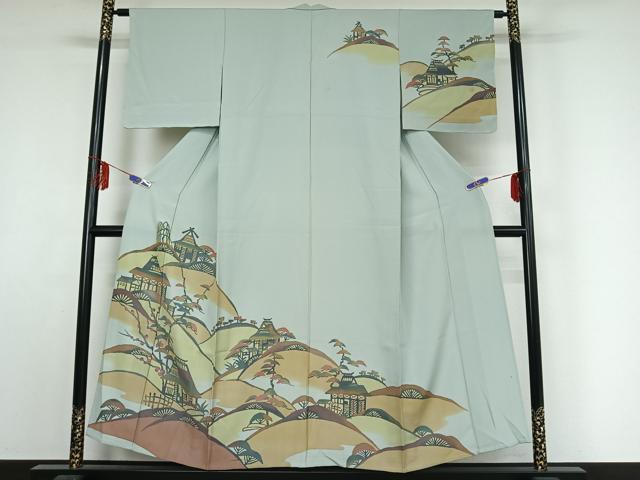 平和屋着物▽訪問着 単衣 手描き 風景文 暈し染め 正絹 逸品 AABE9341jh