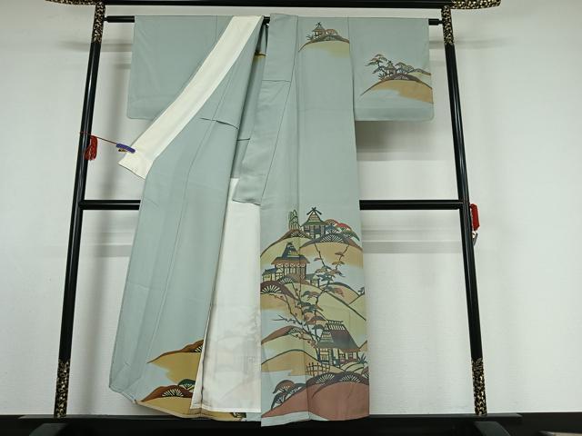 平和屋着物▽訪問着 単衣 手描き 風景文 暈し染め 正絹 逸品 AABE9341jh
