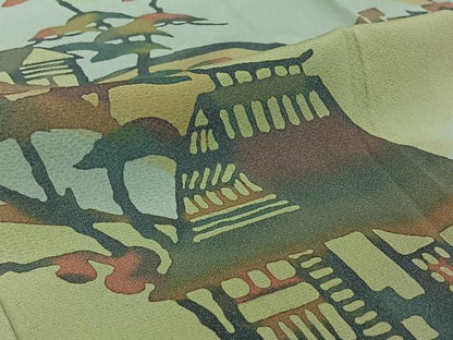 平和屋着物▽訪問着 単衣 手描き 風景文 暈し染め 正絹 逸品 AABE9341jh