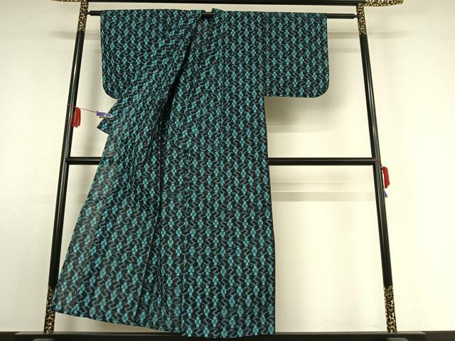 平和屋着物▽久留米絣　単衣　幾何学文様　綿　逸品　AABE9342jh