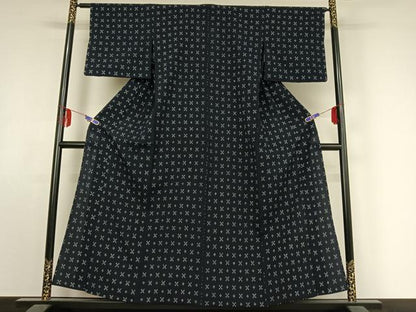 平和屋着物▽お召　単衣　幾何学文様　正絹　逸品　AABE9343jh