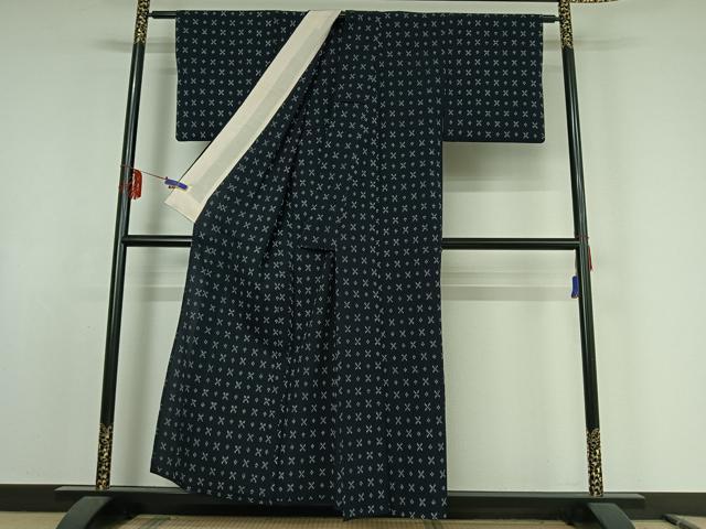 平和屋着物▽お召　単衣　幾何学文様　正絹　逸品　AABE9343jh