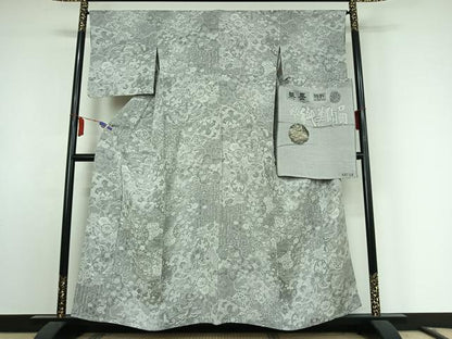 平和屋着物▽山岡古都・古都染人 染織美術品 薬墨染 天目織 お召 単衣 草花文 反端付き 正絹 逸品 AABE9350jh
