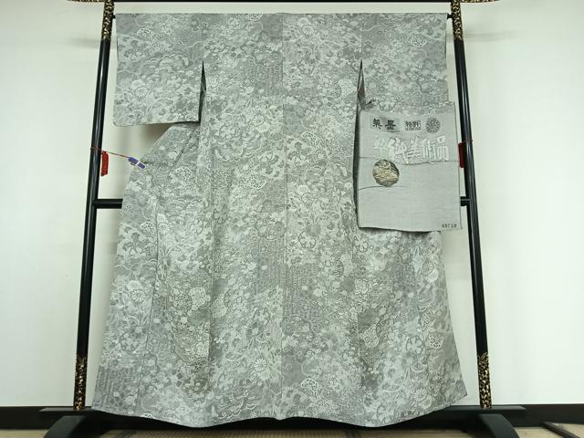 平和屋着物▽山岡古都・古都染人 染織美術品 薬墨染 天目織 お召 単衣 草花文 反端付き 正絹 逸品 AABE9350jh