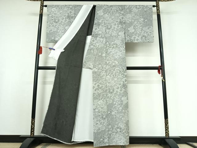 平和屋着物▽山岡古都・古都染人 染織美術品 薬墨染 天目織 お召 単衣 草花文 反端付き 正絹 逸品 AABE9350jh