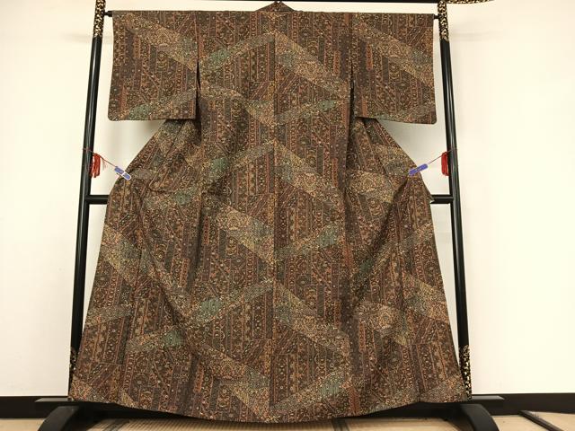 平和屋着物▽小紋 単衣 切嵌更紗花文 洗える着物 AABE9356jh