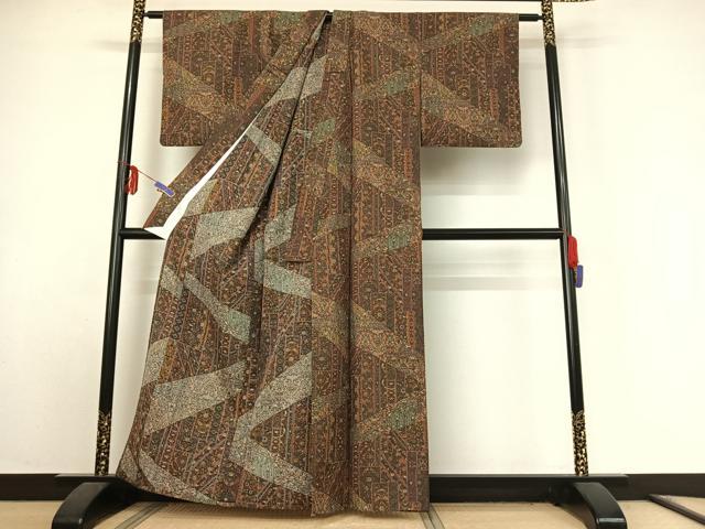 平和屋着物▽小紋 単衣 切嵌更紗花文 洗える着物 AABE9356jh