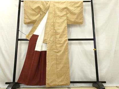 平和屋着物■上質な紬　格子　反端付き　正絹　逸品　AABE9388tn