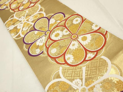 平和屋着物▼六通柄袋帯　吉祥花文　金糸　正絹　逸品　AABE9440wj