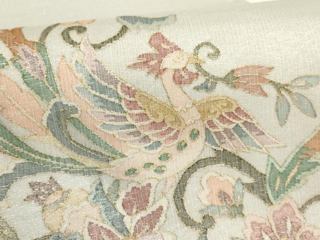 平和屋着物＊夏物 明綴れ 袋帯 花鳥唐草文 金糸 銀通し地 正絹 逸品 AABE9556wj