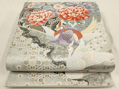 平和屋着物▼六通柄袋帯　唐織　孔雀花文　金銀糸　正絹　逸品　AABE9578wj