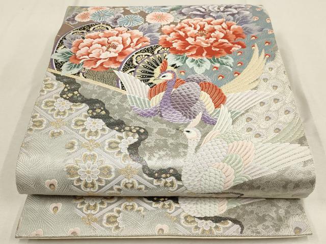 平和屋着物▼六通柄袋帯　唐織　孔雀花文　金銀糸　正絹　逸品　AABE9578wj