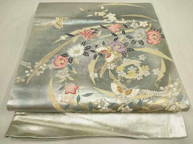 平和屋着物▼六通柄袋帯　花蝶文　金銀糸　引箔　正絹　逸品　AABE9624wj