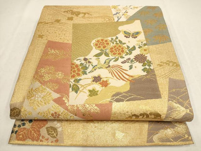 平和屋着物▼六通柄袋帯 色紙花鳥文 松竹梅 金糸 正絹 逸品 AABE9632wj