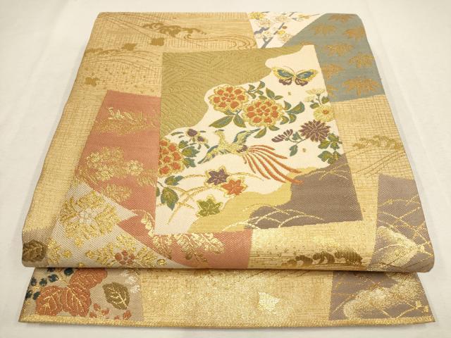 平和屋着物▼六通柄袋帯 色紙花鳥文 松竹梅 金糸 正絹 逸品 AABE9632wj