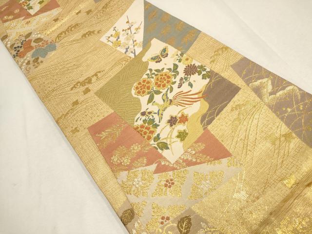 平和屋着物▼六通柄袋帯 色紙花鳥文 松竹梅 金糸 正絹 逸品 AABE9632wj