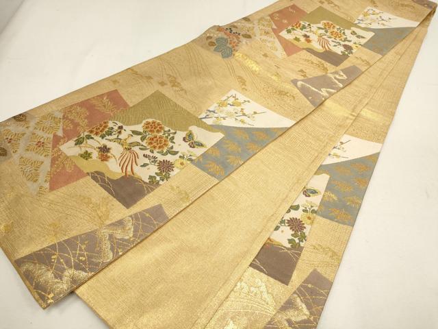 平和屋着物▼六通柄袋帯 色紙花鳥文 松竹梅 金糸 正絹 逸品 AABE9632wj