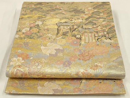 平和屋着物▼六通柄袋帯　松竹梅　鶴　金糸　正絹　逸品　AABE9641wj