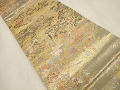 平和屋着物▼六通柄袋帯　松竹梅　鶴　金糸　正絹　逸品　AABE9641wj