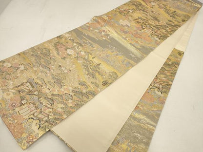 平和屋着物▼六通柄袋帯　松竹梅　鶴　金糸　正絹　逸品　AABE9641wj