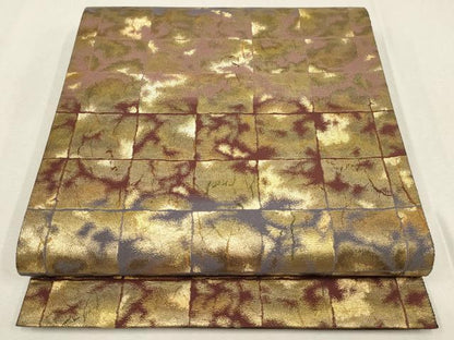 平和屋着物▼六通柄袋帯　市松文様　金糸　正絹　逸品　AABE9689wj