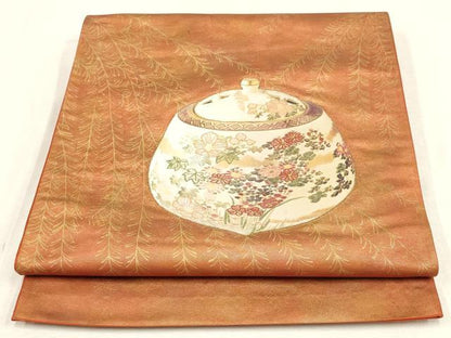 平和屋着物▼太鼓柄袋帯　刺繍　陶器花文　金彩　正絹　逸品　AABE9707wj