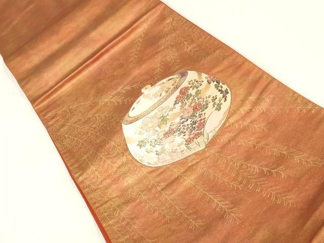 平和屋着物▼太鼓柄袋帯　刺繍　陶器花文　金彩　正絹　逸品　AABE9707wj