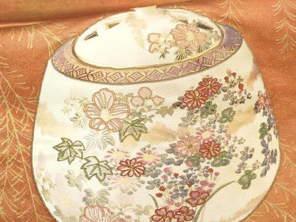 平和屋着物▼太鼓柄袋帯　刺繍　陶器花文　金彩　正絹　逸品　AABE9707wj