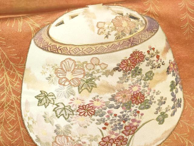 平和屋着物▼太鼓柄袋帯　刺繍　陶器花文　金彩　正絹　逸品　AABE9707wj