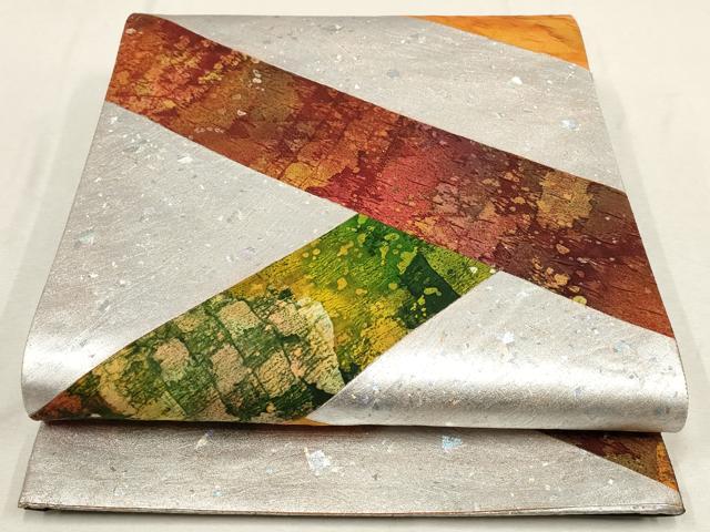 平和屋着物▼六通柄袋帯　切嵌　箔散らし文様　銀彩　正絹　逸品　AABE9754wj