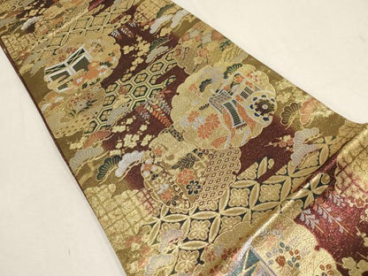 平和屋着物▼六通柄袋帯　雪輪花文　金糸　正絹　逸品　AABE9830wj