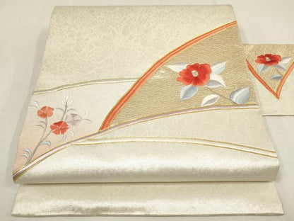 平和屋着物▼総刺繍　九寸名古屋帯　草花文　金糸　正絹　逸品　AABE9841wj