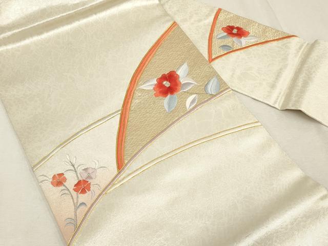 平和屋着物▼総刺繍　九寸名古屋帯　草花文　金糸　正絹　逸品　AABE9841wj