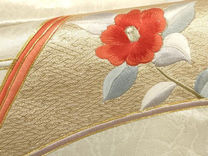 平和屋着物▼総刺繍　九寸名古屋帯　草花文　金糸　正絹　逸品　AABE9841wj