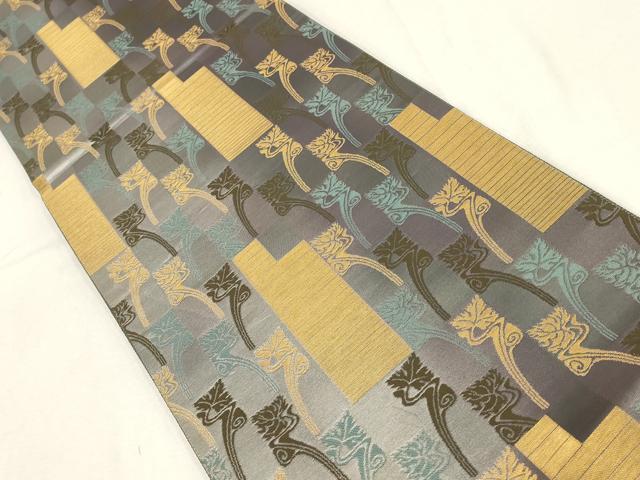 平和屋着物▼六通柄袋帯　変わり市松文　金糸　正絹　逸品　AABE9857wj