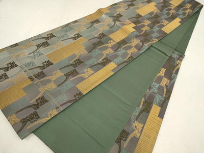 平和屋着物▼六通柄袋帯　変わり市松文　金糸　正絹　逸品　AABE9857wj