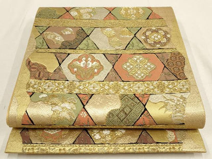 平和屋着物▼六通柄袋帯　横段花鳥文　金糸　正絹　逸品　AABE9861wj