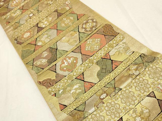 平和屋着物▼六通柄袋帯　横段花鳥文　金糸　正絹　逸品　AABE9861wj