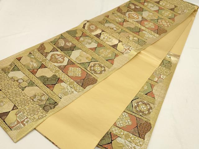 平和屋着物▼六通柄袋帯　横段花鳥文　金糸　正絹　逸品　AABE9861wj