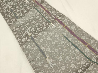 平和屋着物▼六通柄袋帯　花唐草文　金銀糸　正絹　逸品　AABE9873wj