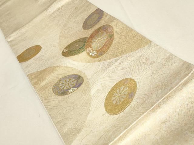 平和屋着物▼太鼓柄袋帯 螺鈿 流水花車文 松竹梅 金彩 正絹 逸品 AABE9915wj