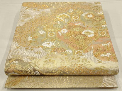 平和屋着物▼六通柄袋帯 雲取り蜀江花文 金糸 正絹 逸品 AABE9988wj
