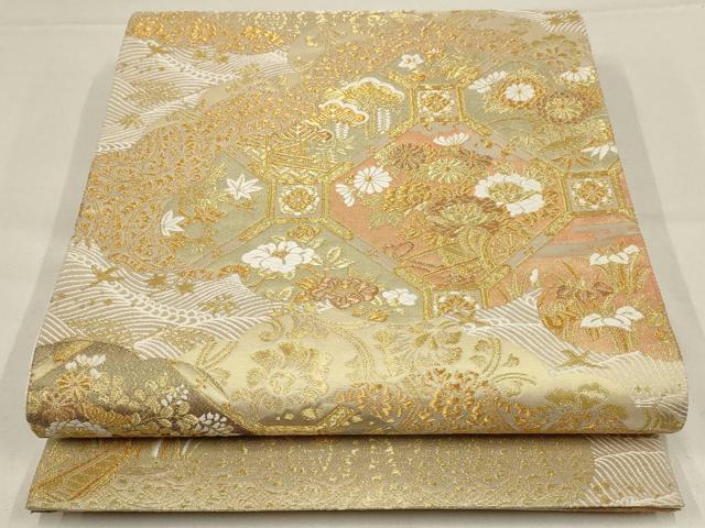 平和屋着物▼六通柄袋帯 雲取り蜀江花文 金糸 正絹 逸品 AABE9988wj
