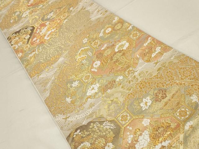 平和屋着物▼六通柄袋帯 雲取り蜀江花文 金糸 正絹 逸品 AABE9988wj