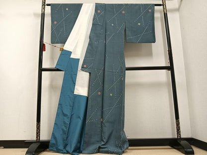 平和屋着物●上質な紬　絞り　幾何学文様　正絹　逸品　AABF0004ph