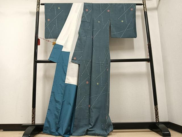 平和屋着物●上質な紬　絞り　幾何学文様　正絹　逸品　AABF0004ph