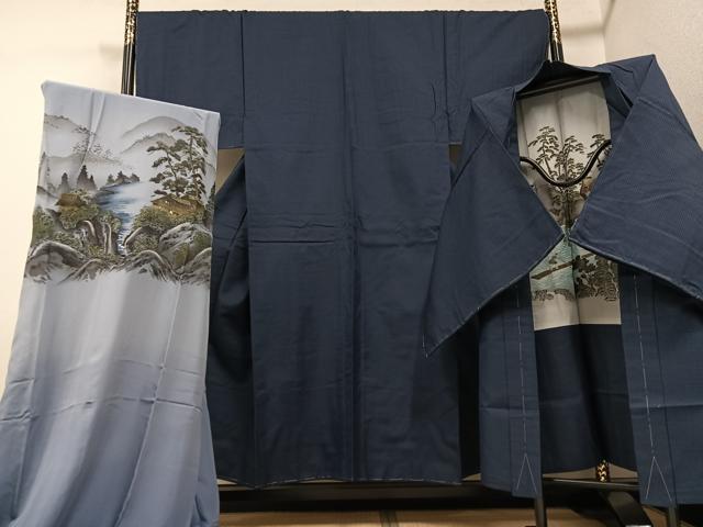 平和屋着物○男性 紬 アンサンブル 長襦袢(袷)セット 亀甲柄 正絹 逸品